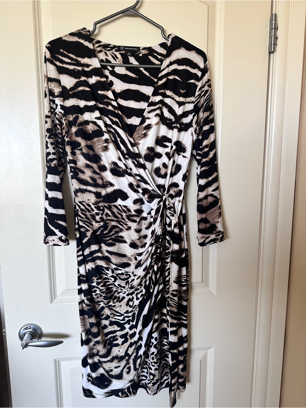 Animal Print Wrap Dress - Black & Cream